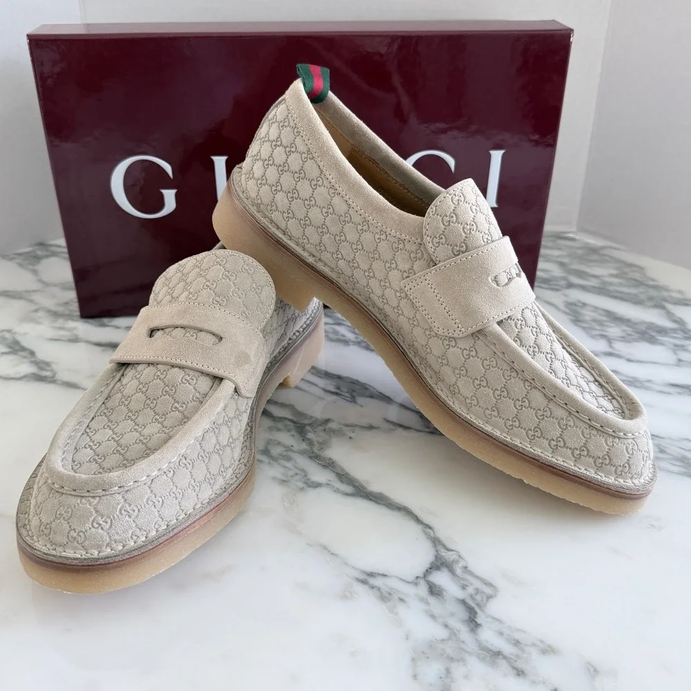 GUCCI GG Moreau Moccasin Tan Suede Loafer Shoe Penny Strap, G 8+